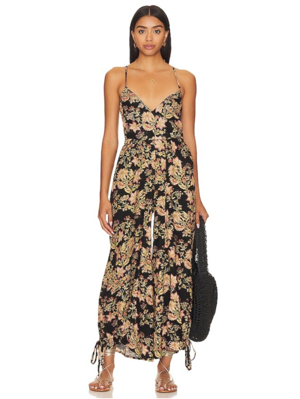 Free People Stand Out Printed One Piece Black Combo Floral Jumpsuit M